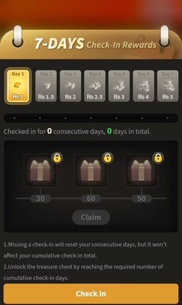 Get so many rewards for just checking in daily to 7LG Game