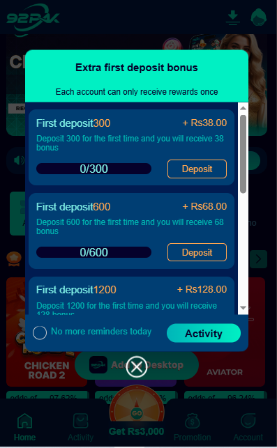 Deposits to earn money from 92Pak Game 2025