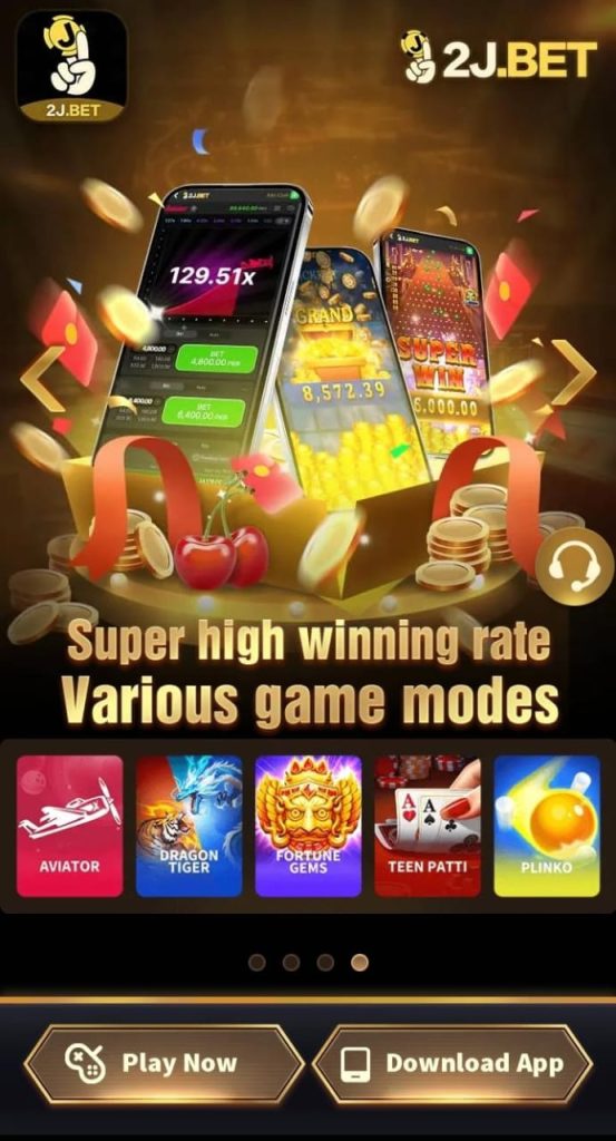 2J.BET Game showing high winning games like Aviator, Teen Patti, and more with real cash rewards.